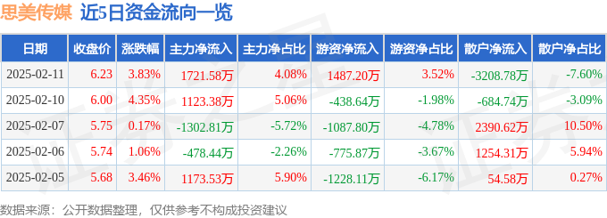 思美传媒（002712）2月11日主力资金净买入172158万元